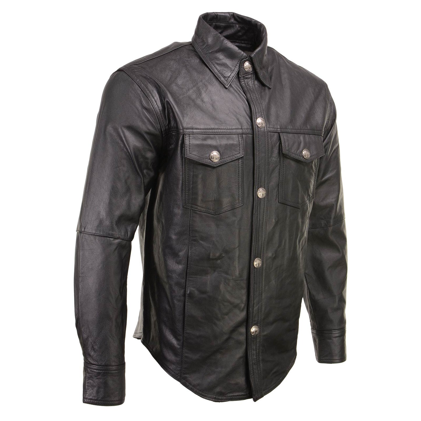 Xelement XS908B Men's 'Nickel' Black Leather Casual Biker Rider Shirt with Vintage Buffalo Buttons