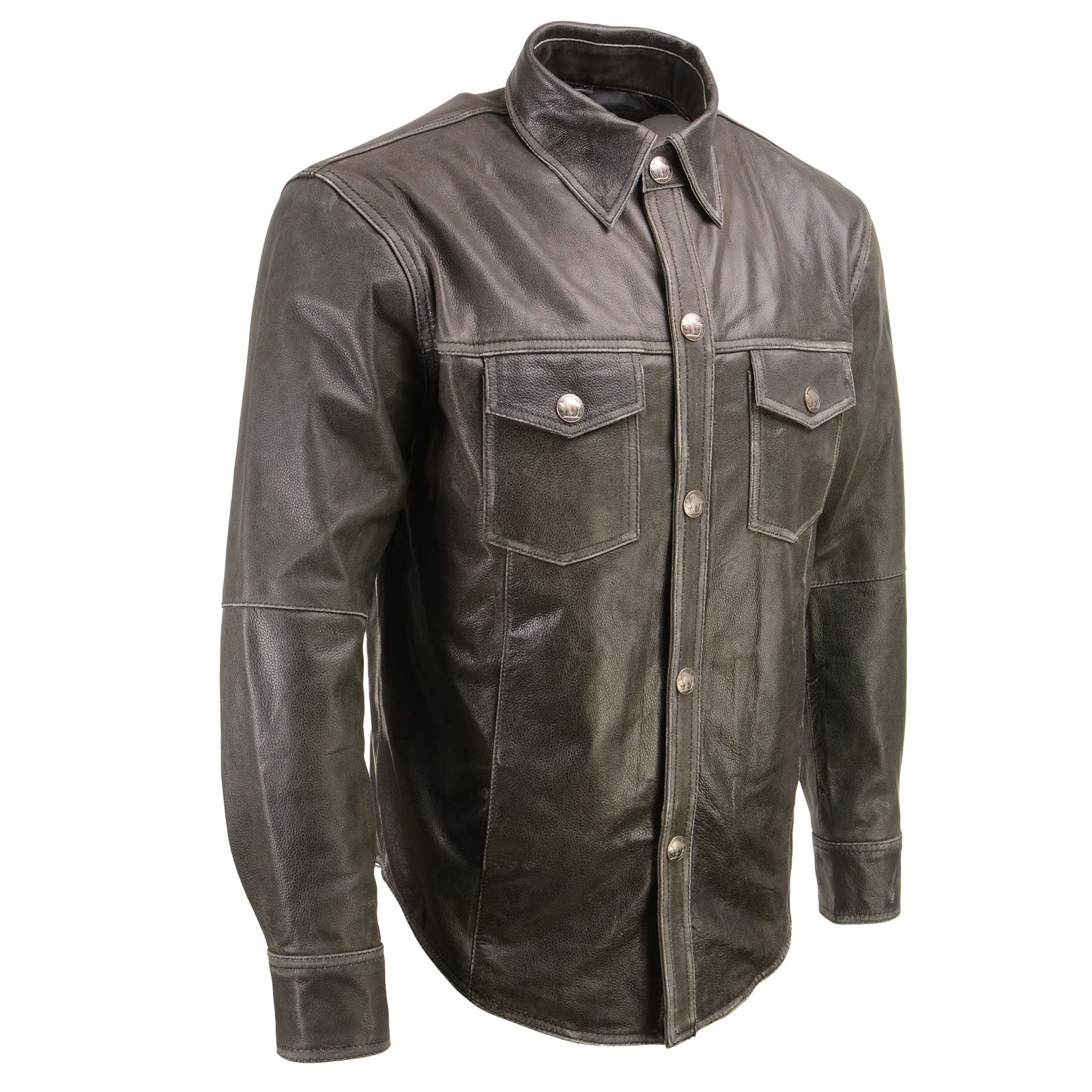 Milwaukee Leather MLM1612 Men's Distressed Grey Casual Biker Rider Leather Shirt w/ Vintage 5 Cent Buffalo Buttons