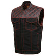 Milwaukee Leather MDM3036 Men’s Wrecker Club Vest – Black Denim & Leather, Diamond Quilt, Red Stitch