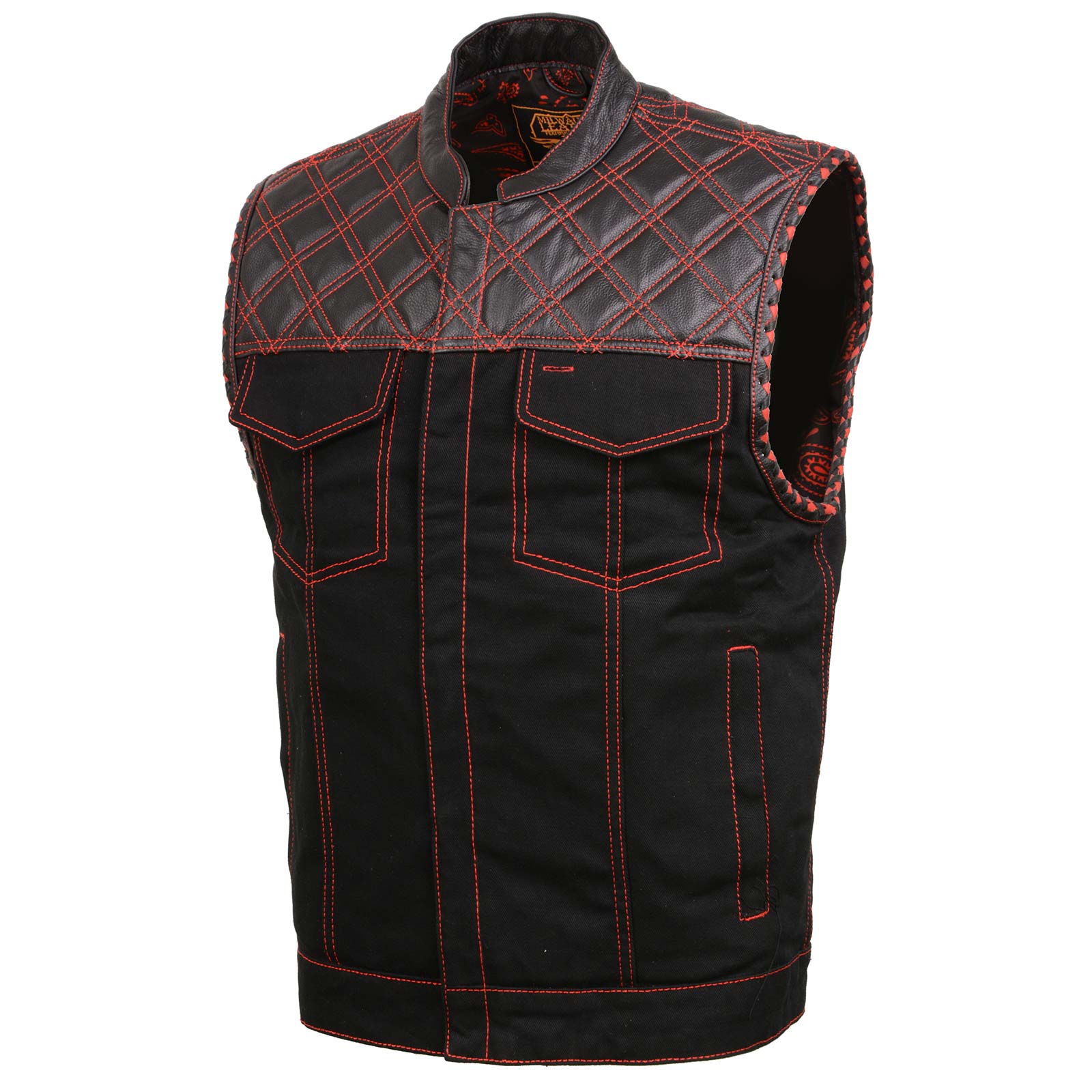 Milwaukee Leather MDM3036 Men's 'Wrecker' Black Denim and Leather Club Style Vest w/ Diamond Quilt Design