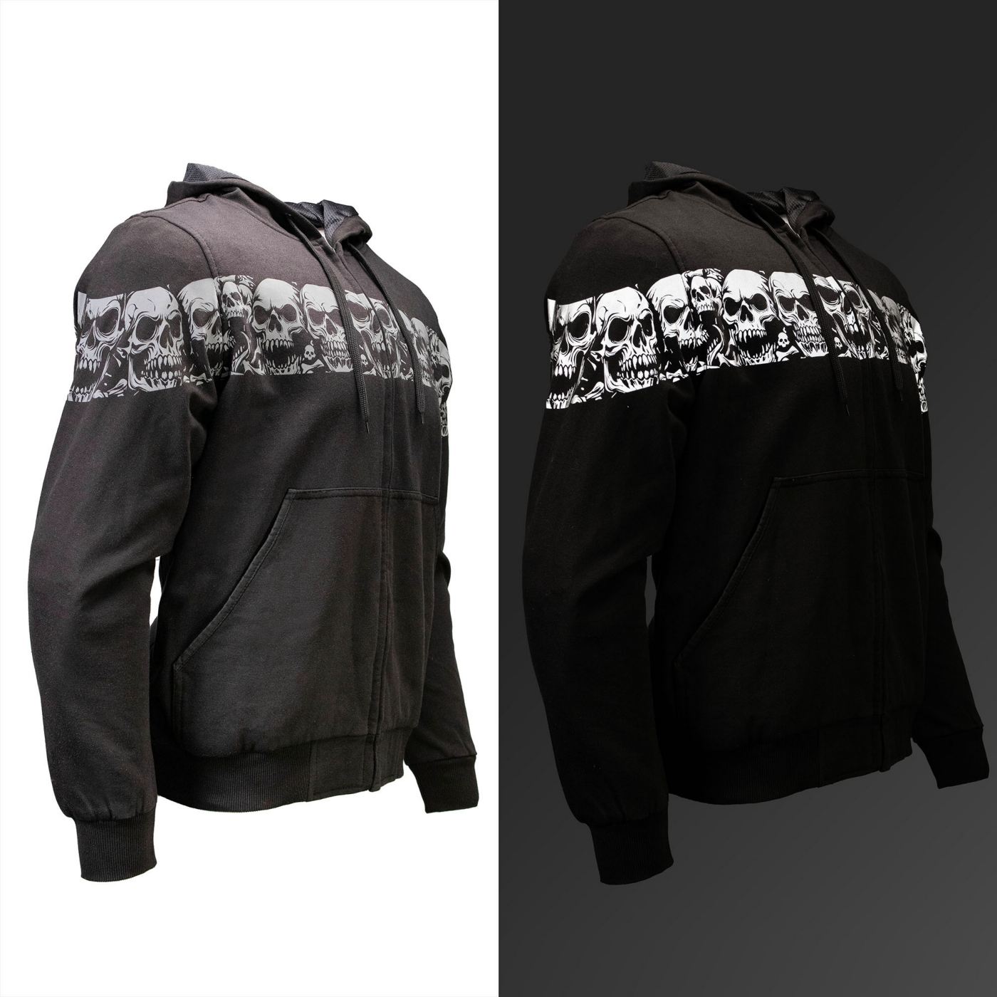 Milwaukee Leather Men's Bare Bones Black Reflective Skull CE Armored Riding Hoodie, Shoulder & Elbow Armor - MPM1798