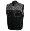 Milwaukee Leather MDM3035 Men’s Wrecker Club Vest – Black Denim & Leather, Diamond Quilt, White Stitch