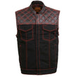 Milwaukee Leather MDM3036 Men’s Wrecker Club Vest – Black Denim & Leather, Diamond Quilt, Red Stitch