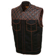 Milwaukee Leather MDM3037 Men’s Wrecker Club Vest – Black Denim & Leather, Diamond Quilt, Orange Stitch