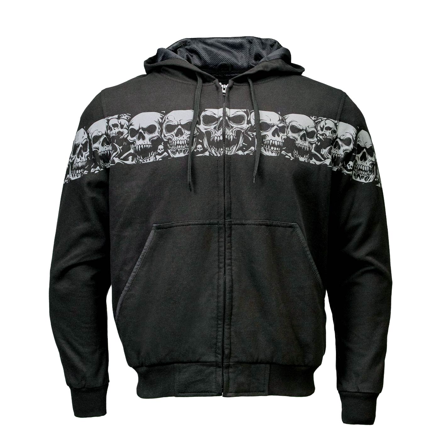 Milwaukee Leather Men's Bare Bones Black Reflective Skull CE Armored Riding Hoodie, Shoulder and Elbow Armor - MPM1798
