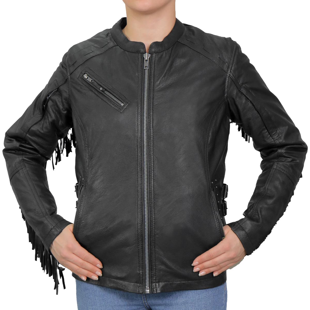 Hot Leathers JKL1028 Studs and Fringe Ladies Black Carry Conceal Leather Jacket