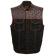 Milwaukee Leather MDM3037 Men’s Wrecker Club Vest – Black Denim & Leather, Diamond Quilt, Orange Stitch