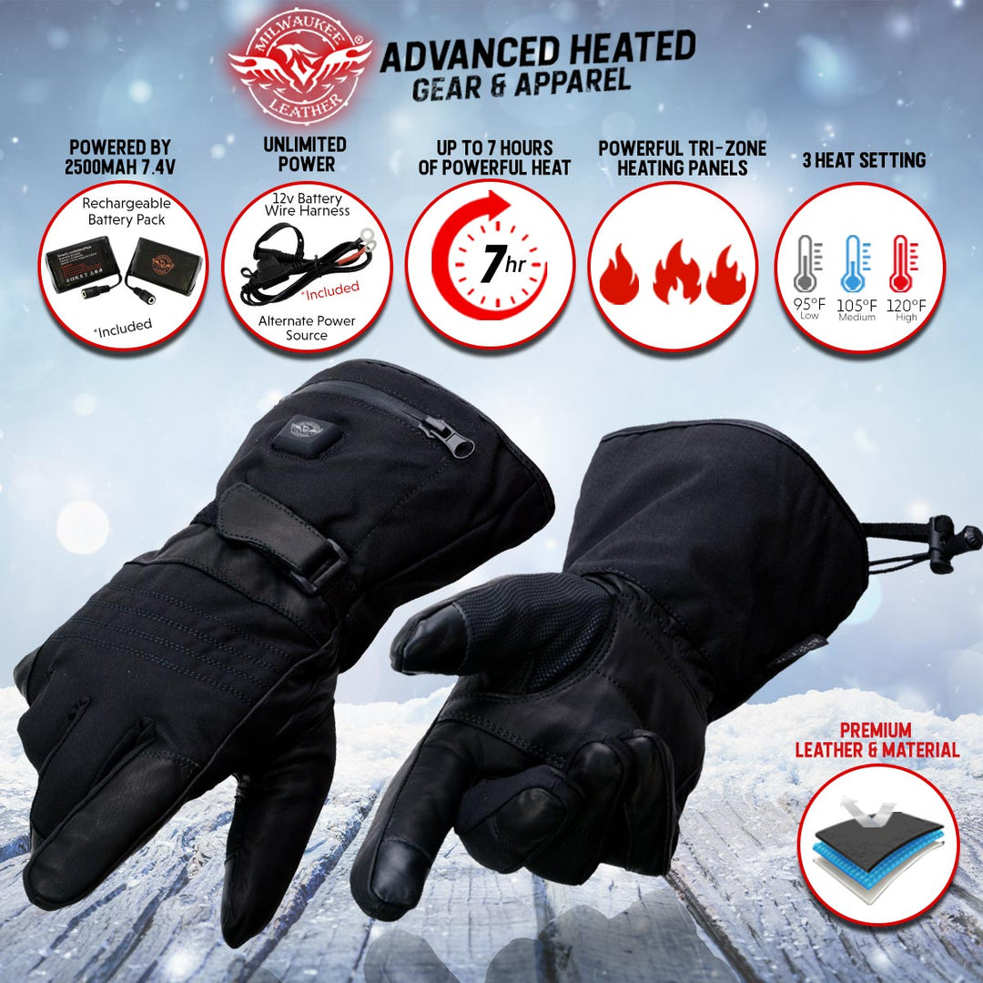 Milwaukee Leather MG17501SET Mens Heated Black Leather/Textile Winter Gloves w/Battery/Harness Wire and i-Touch Milwaukee Leather MG17501SET Mens Heated Black Leather/Textile Winter Gloves w/Battery/Harness Wire and i-Touch