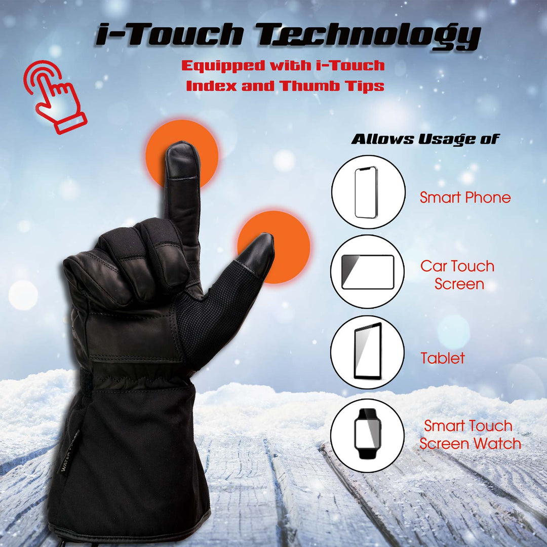 Milwaukee Leather MG17501SET Men’s Heated Black Leather/Textile Winter Gloves /Harness Wire and i-Touch