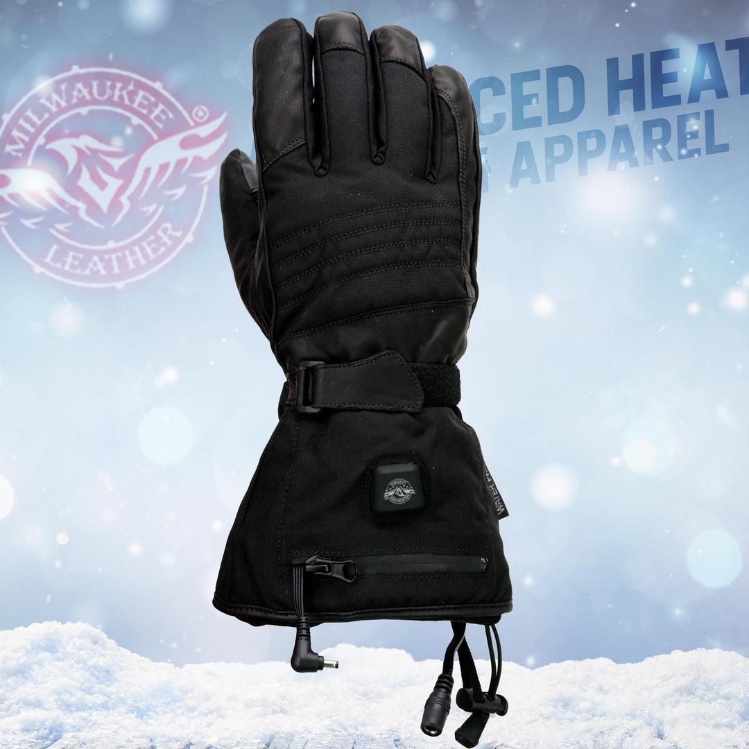 Milwaukee Leather MG17501SET Mens Heated Black Leather/Textile Winter Gloves w/Battery/Harness Wire and i-Touch Milwaukee Leather MG17501SET Mens Heated Black Leather/Textile Winter Gloves w/Battery/Harness Wire and i-Touch