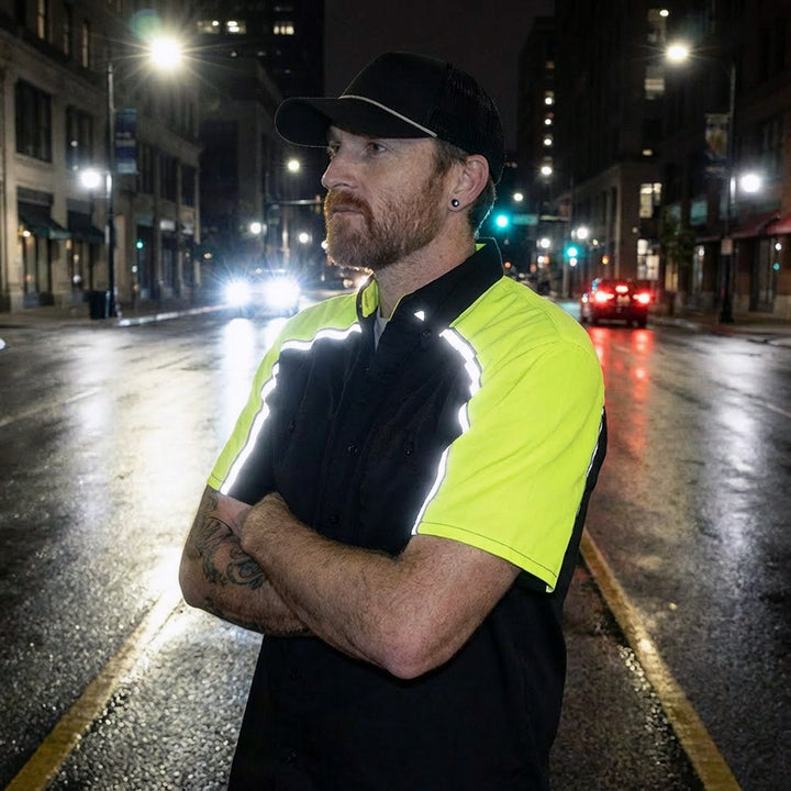 Milwaukee Motorcycle Clothing Co. Men’s Blk/Green Mechanic Work Shirt – w / Reflective Strip, Rider‑Built MDM11604