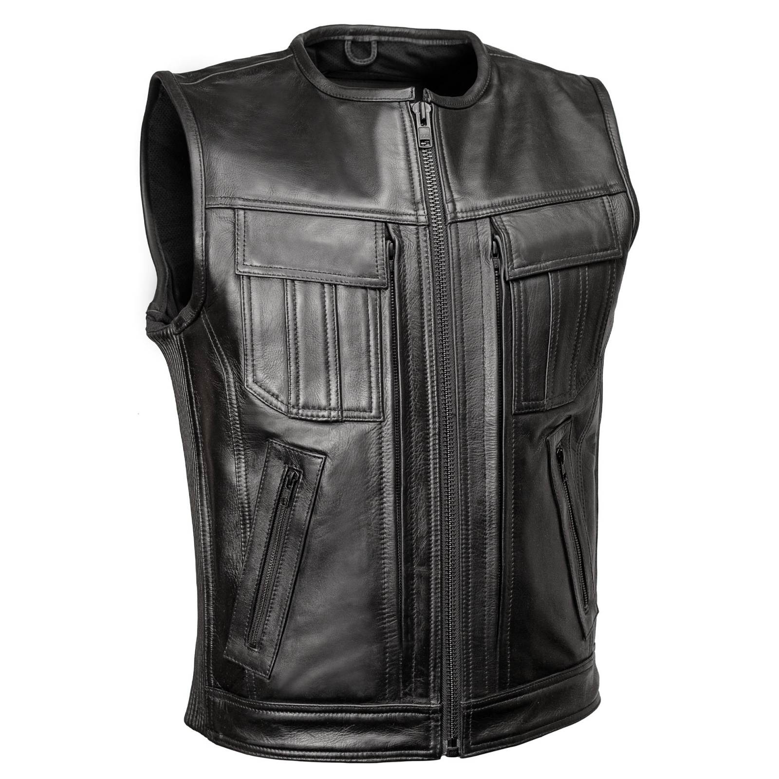 MMCC Men's Quick Draw Black Leather Motorcycle Vest - MMC30001