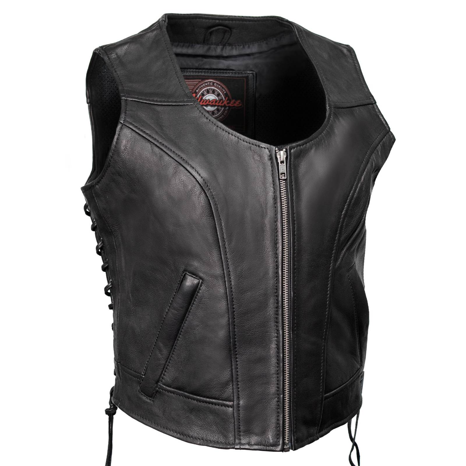 Milwaukee Motorcycle Clothing Co. Women's Rave Black Premium Leather Deep Neck Side Lace Vest MMC40000
