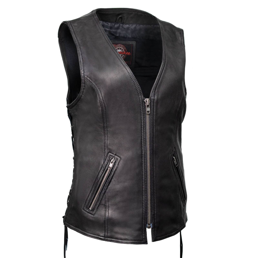 Milwaukee Motorcycle Clothing Co. Women's Jenni Black Premium Leather V-Neck Side Lace Vest MMC40001