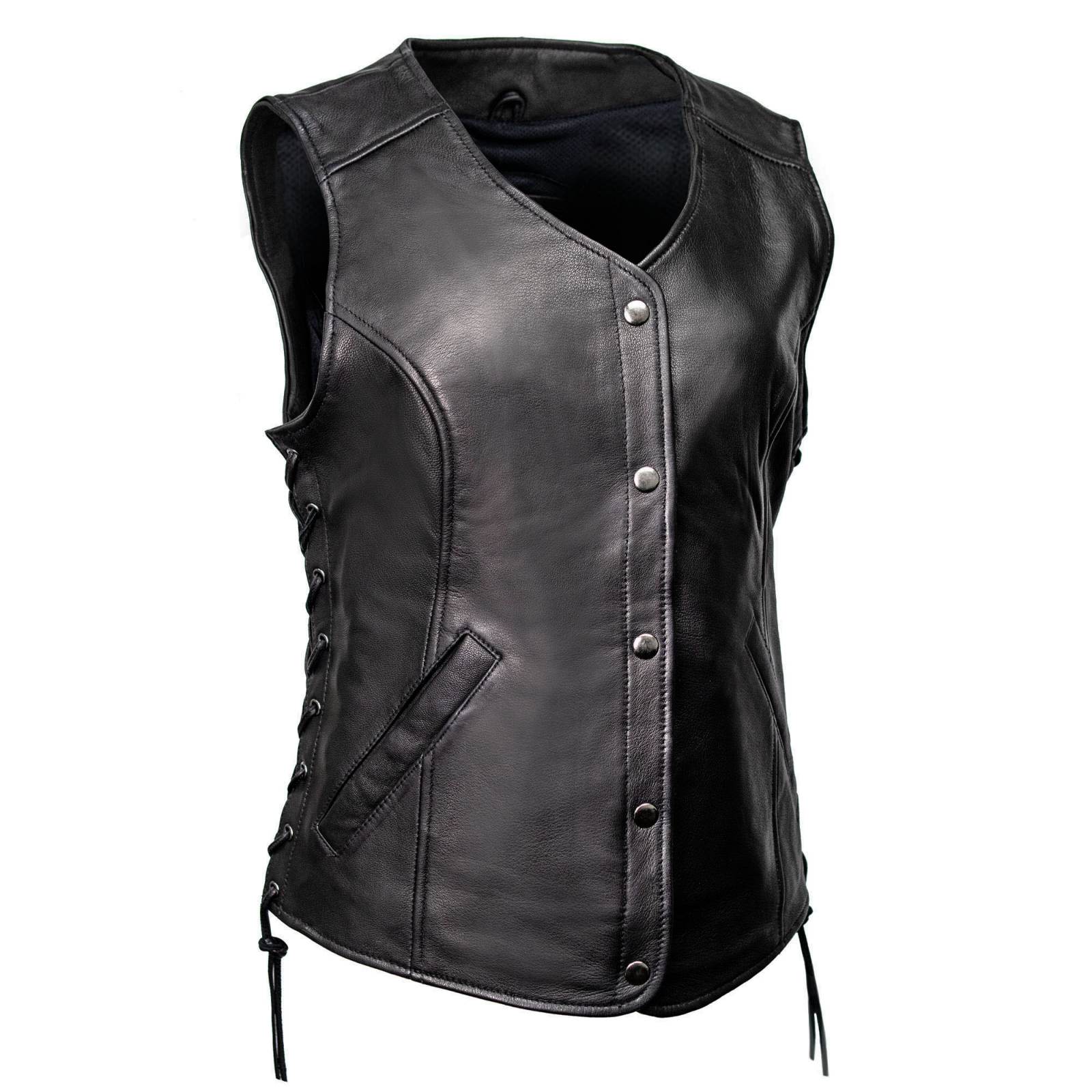 Milwaukee Motorcycle Clothing Co. Women's Born-Free Tall Sizes Black Leather Vest w/ V-Neck, Side Lace, Snap MMC40002