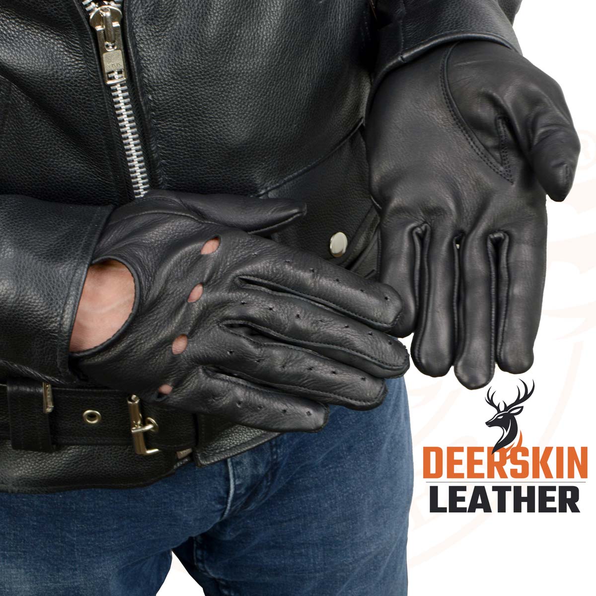 Milwaukee Leather SH869 Men's Black Perforated Deerskin Full Finger Motorcycle Hand Gloves W/ Breathable ‘Open Knuckle’