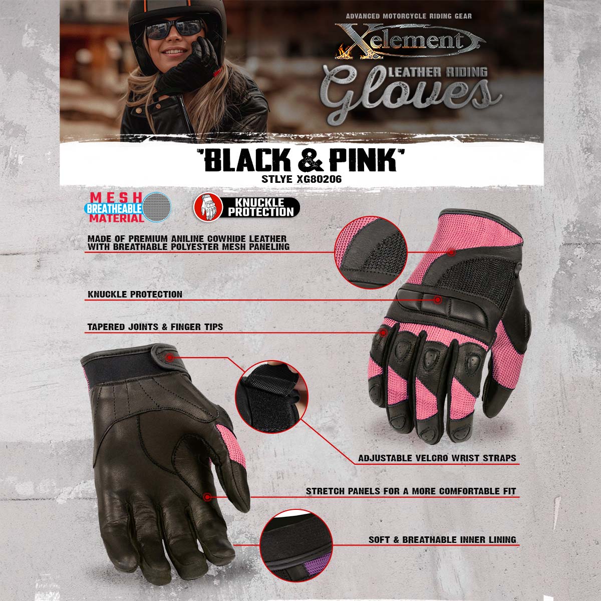 Xelement XG80206 Women's Black and Pink Mesh Cool Rider Motorcycle Gloves