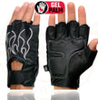 Milwaukee Leather SH198 Men's Black Leather Gel Padded Palm Fingerless Motorcycle Gloves w/ Grey Flame Embroidery