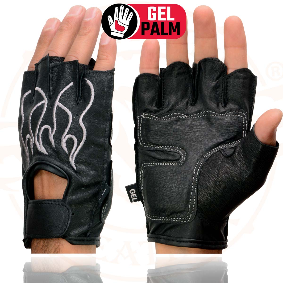 Milwaukee Leather SH198 Men's Black Leather Gel Padded Palm Fingerless Motorcycle Hand Gloves W/ ‘Grey Flame Embroidered’