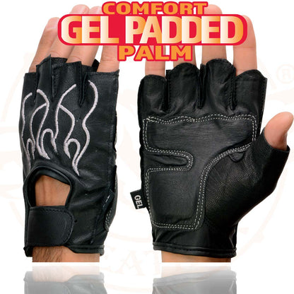 Xelement XG198 Men's Embroidered 'Flamed' Fingerless Black and Gray Motorcycle Leather Gloves