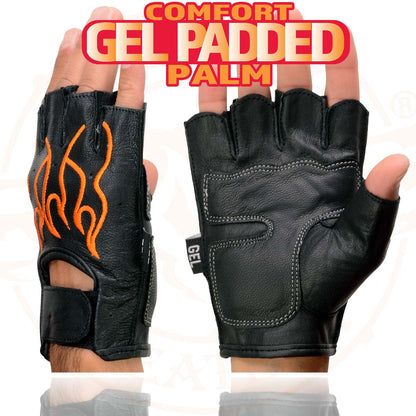 Xelement XG198 Men's Embroidered 'Flamed' Fingerless Black and Orange Motorcycle Leather Gloves