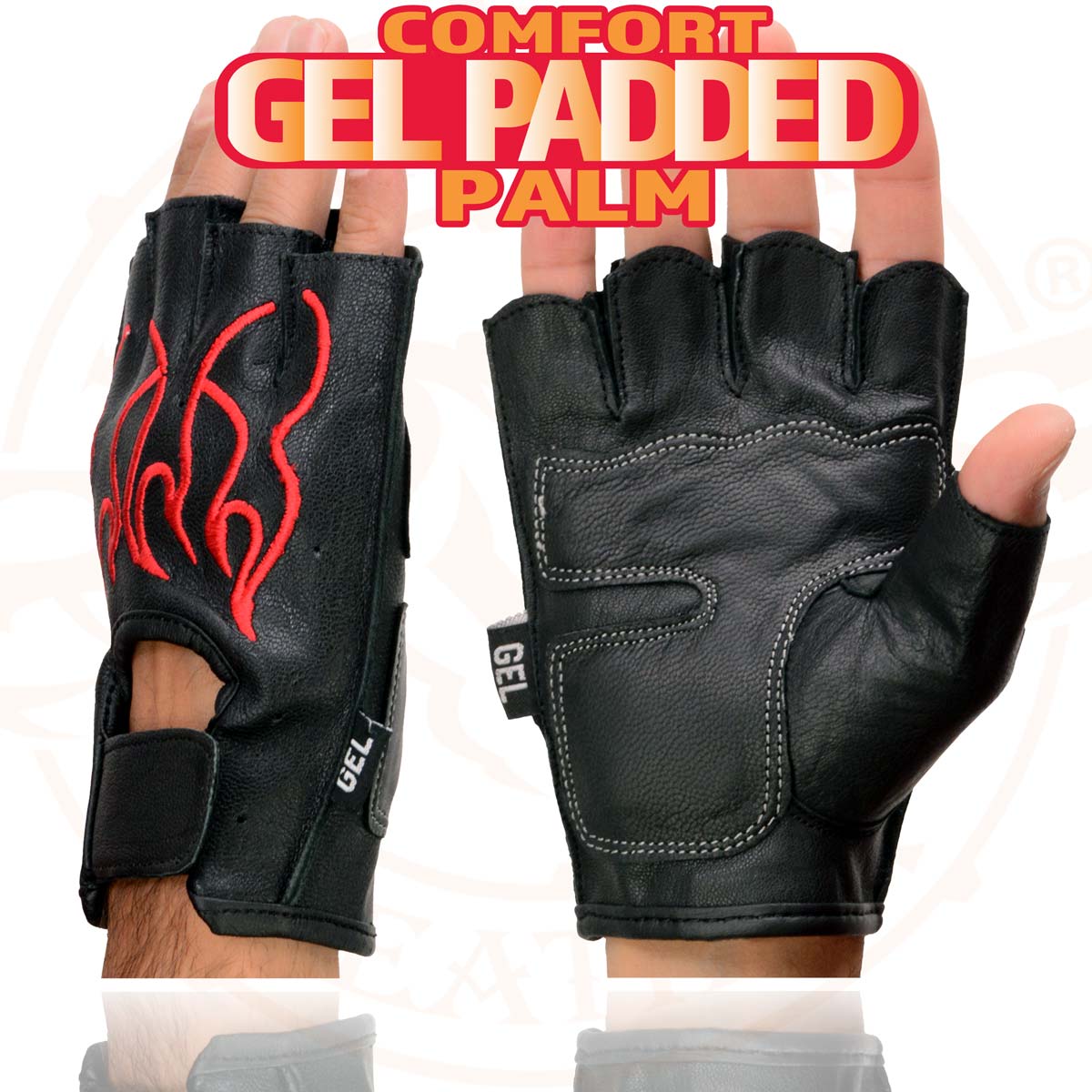 Xelement XG198 Men's Embroidered 'Flamed' Fingerless Black and Red Motorcycle Leather Gloves