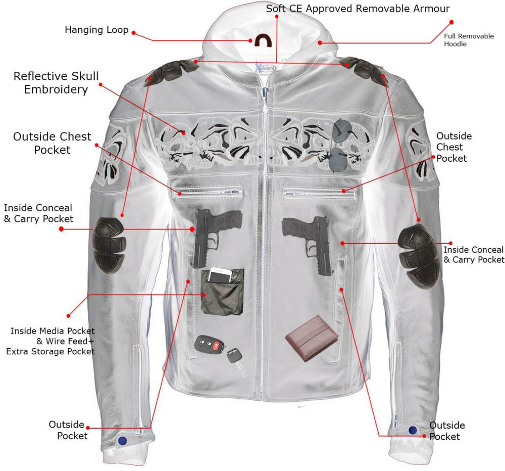 Milwaukee Leather Men's Futile CE Armored Leather Motorcycle Jacket w/ Hoodie Liner, Reflective Skull - LKM1706