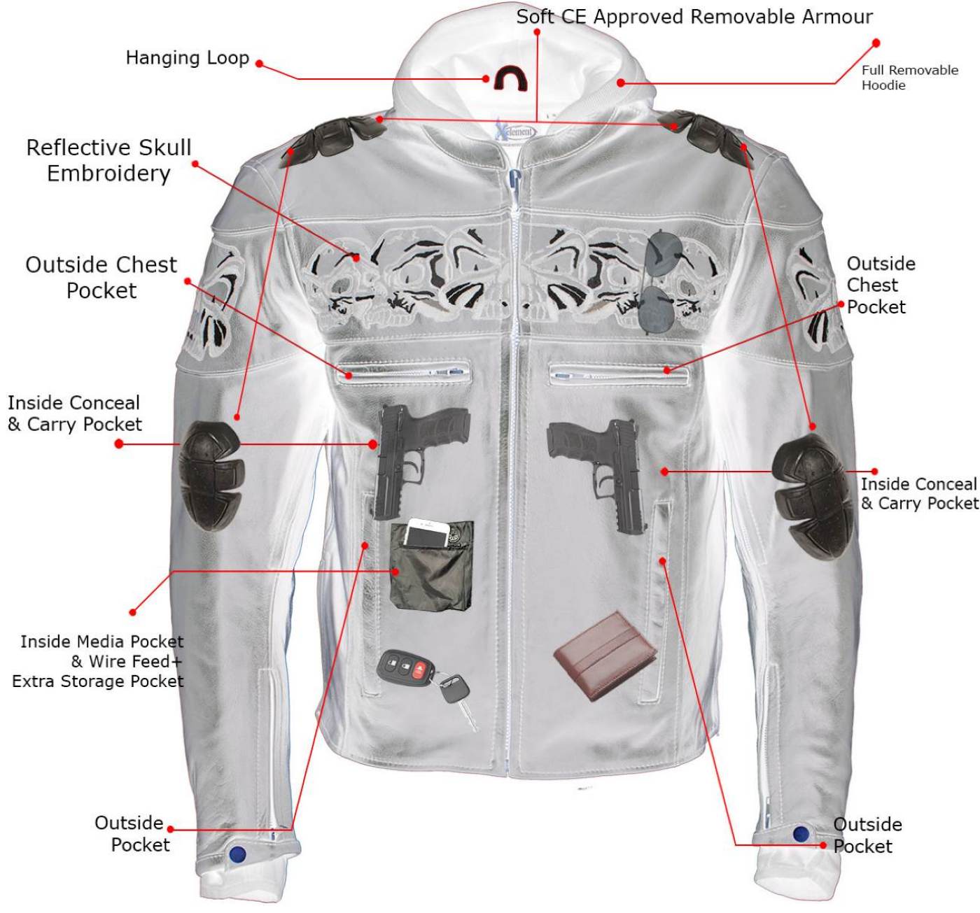 Milwaukee Leather Men's Futile CE Armored Leather Motorcycle Jacket w/ Hoodie Liner, Reflective Skull - LKM17016