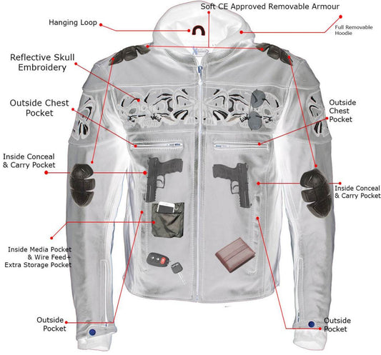 Milwaukee Leather Men's Futile CE Armored Leather Motorcycle Jacket w/ Hoodie Liner, Reflective Skull - LKM1706