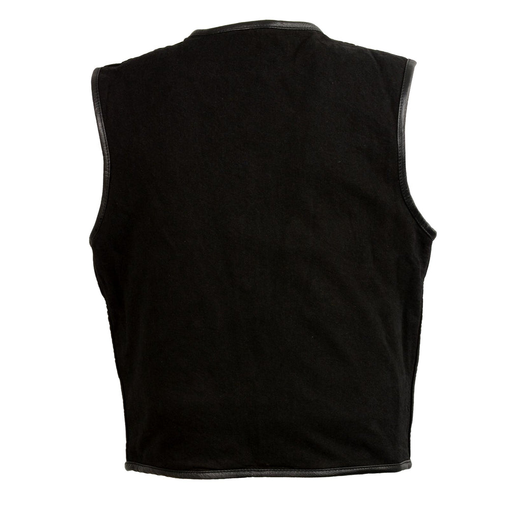 Club Vest CVM3038 Men's Black Denim Collarless Motorcycle Club Style Vest with Leather Trim