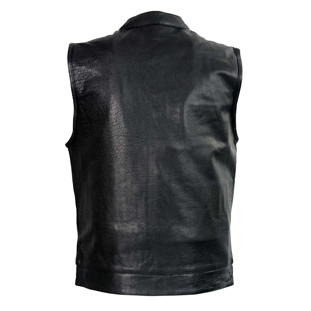 Club Vest CVM3710 Men’s Leather Black Open Neck Vest with Snap and Zip Front Closure