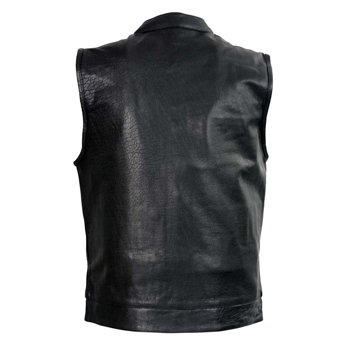 Club Vest CVM3710 Men’s Leather Black Open Neck Vest with Snap and Zip Front Closure