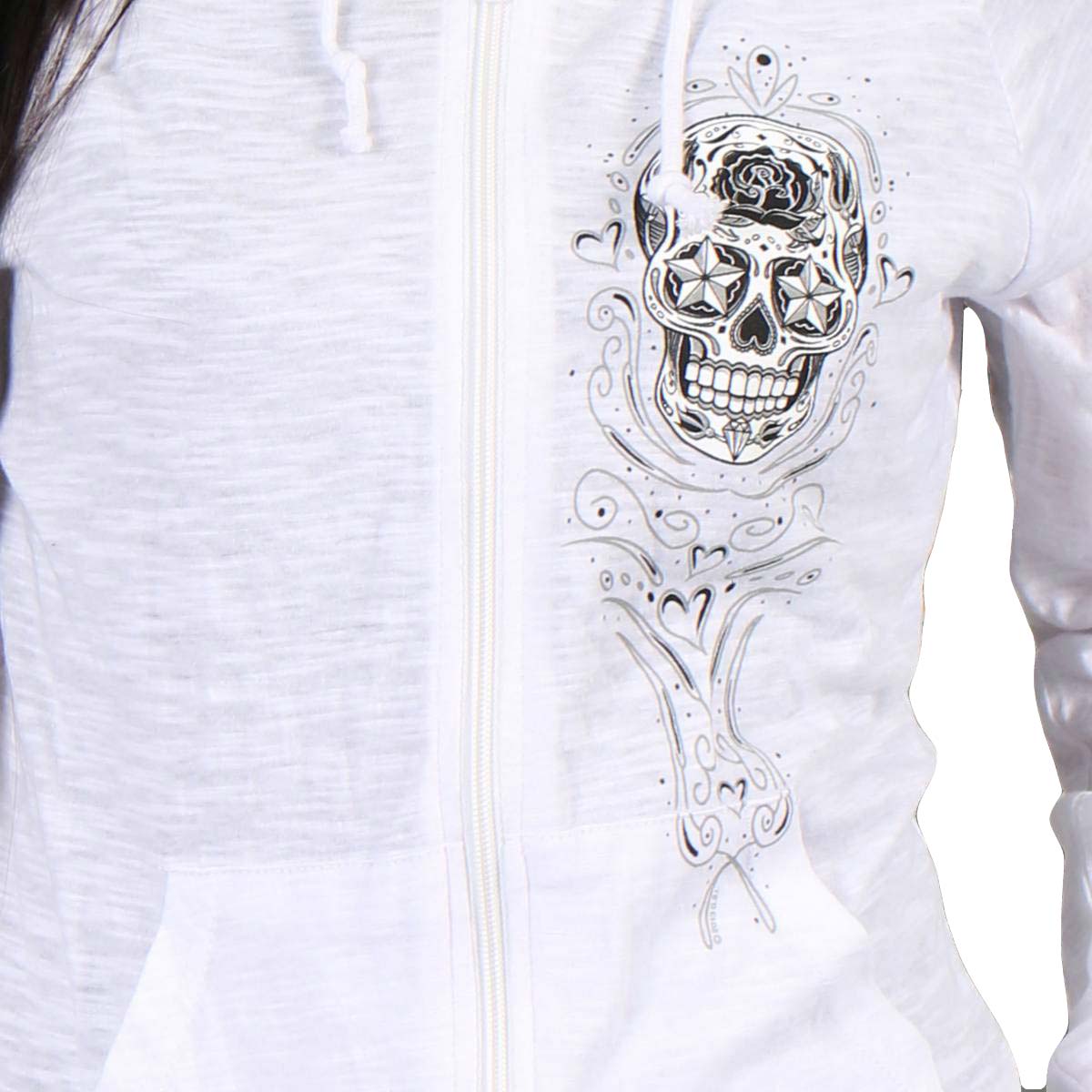 Hot Leathers GLZ4237 Ladies 'Sugar Skull' Lightweight Slubby Hooded White Hoodie