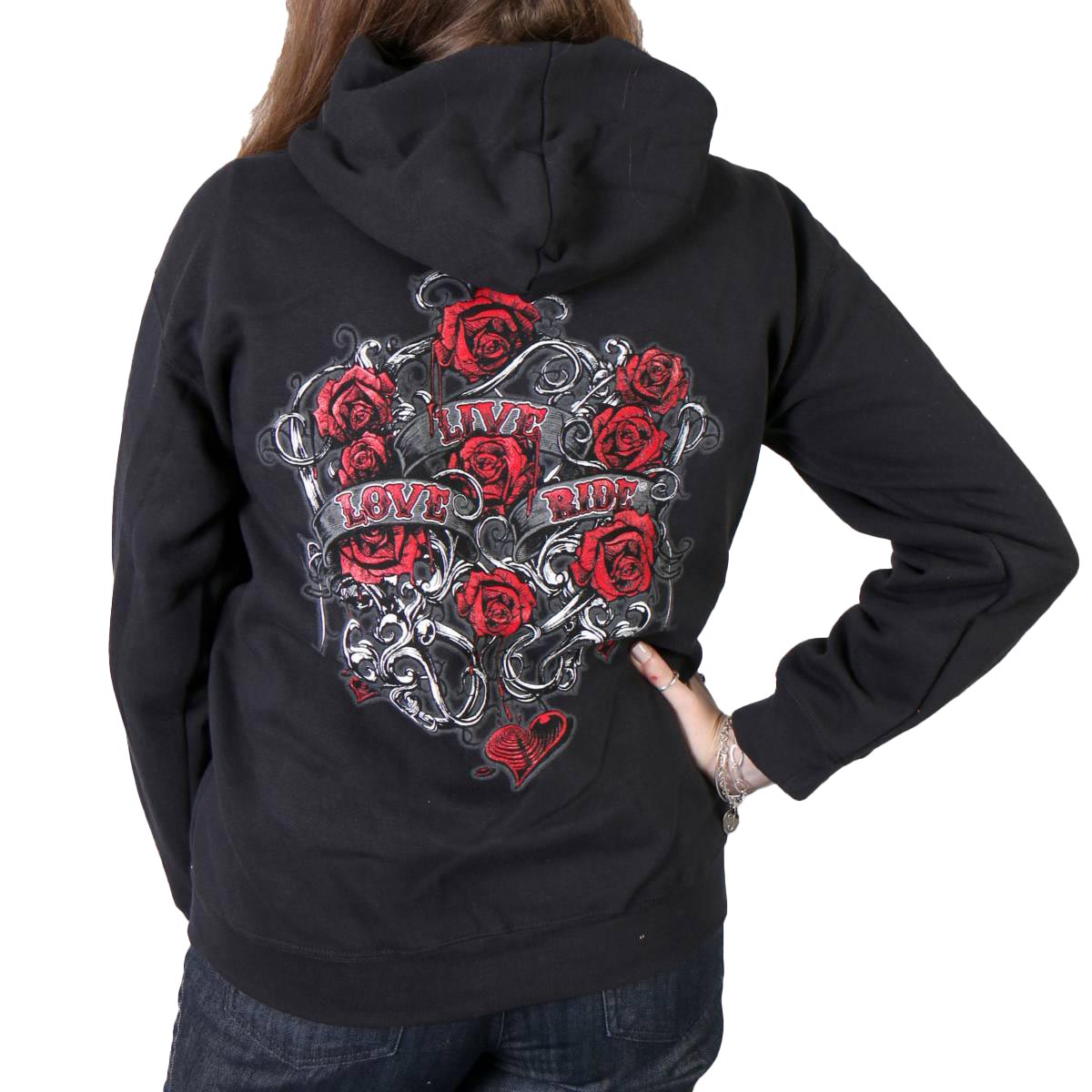 Hot Leathers GLZ4246 Ladies Black Hoodie Sweatshirt with Live, Love, Ride and Roses Artwor