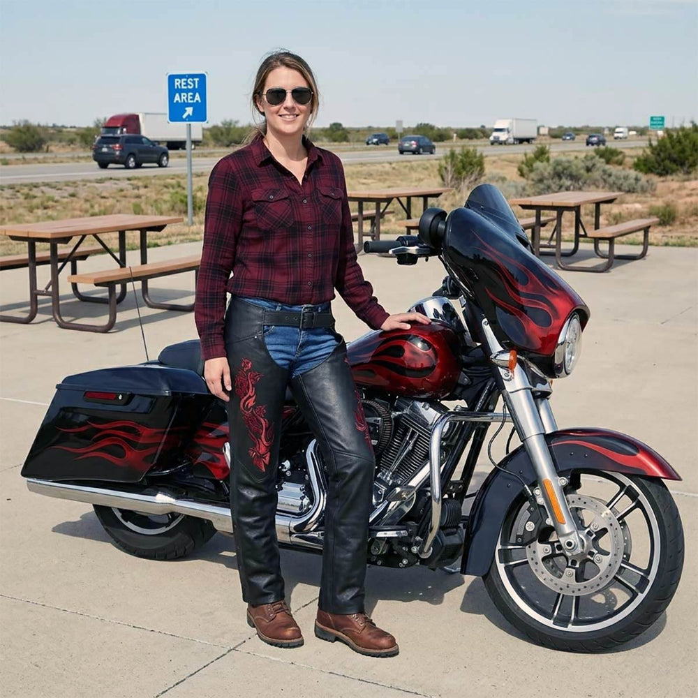 Milwaukee Leather Women's Leather Motorcycle Chaps w/ Embroidery Detail, Adjustable Fit Riding Gear - LKL16703