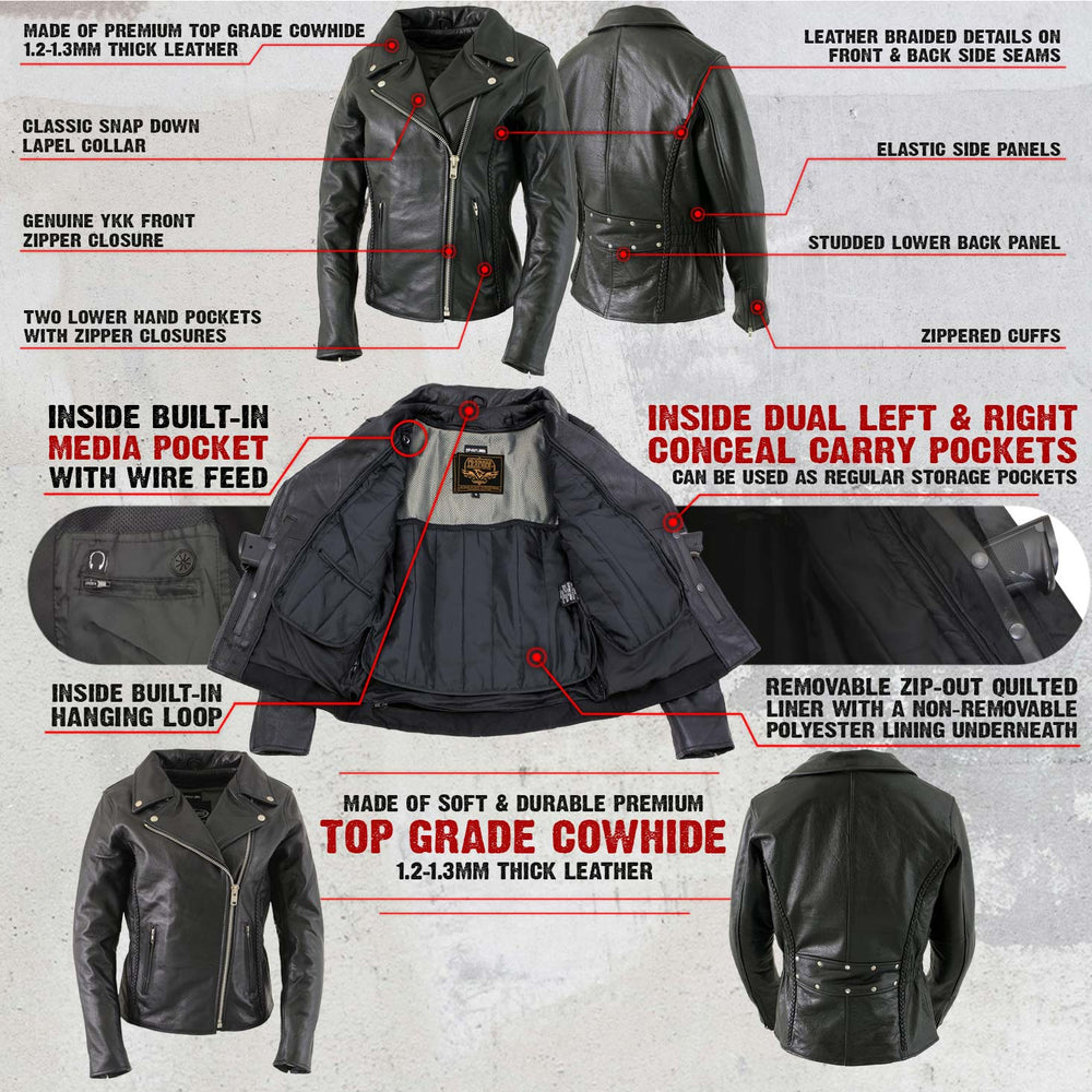Milwaukee Leather LKL27001 Women's Classic Braided Premium Black Leather Fitted Motorycle Riders Biker Jacket