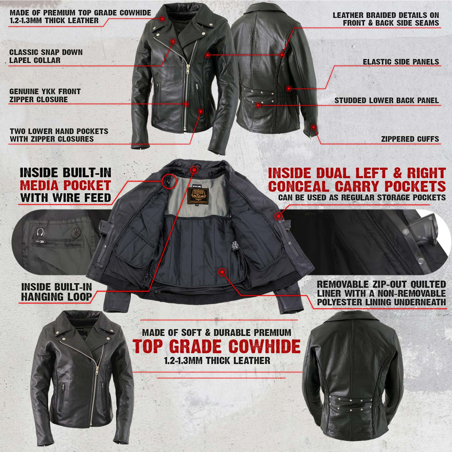 Milwaukee Leather LKL27001 Women's Classic Braided Premium Black Leather Fitted Motorycle Riders Biker Jacket