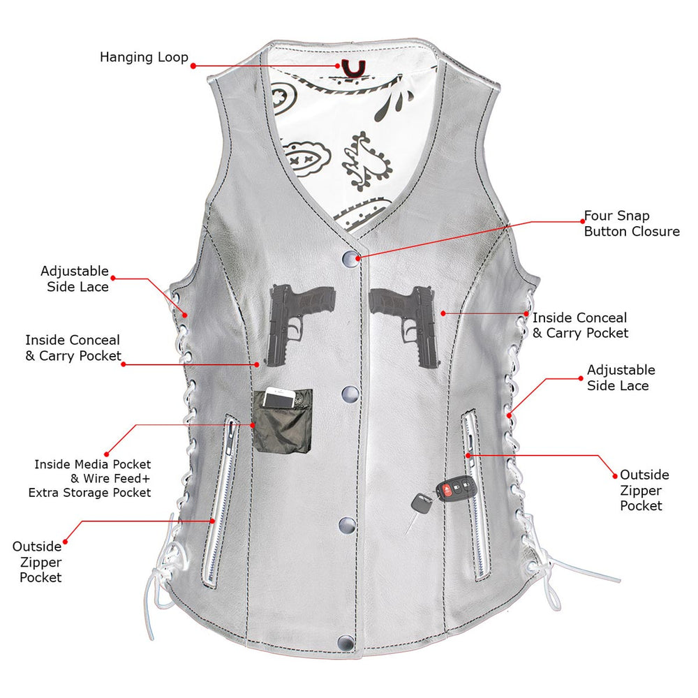Milwaukee Leather LKL4711 Women's Black Premium Leather Motorcycle Vest with Side Lace Adjustment