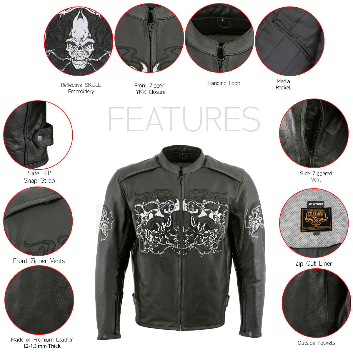 Milwaukee Leather LKM17008 Men's Premium Black Reflective Skulls Cruiser Style Motorcycle Jacket w/ CE Armor