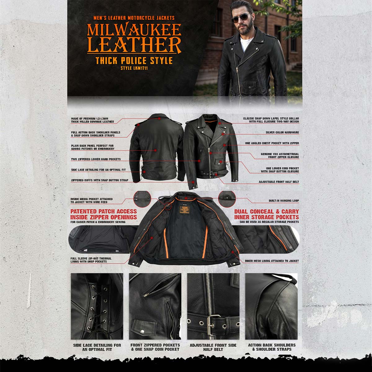 【002m】LITMUS vintage ジャケット Milwaukee Leather Men's Premium Black Leather Motorcycle Jacket