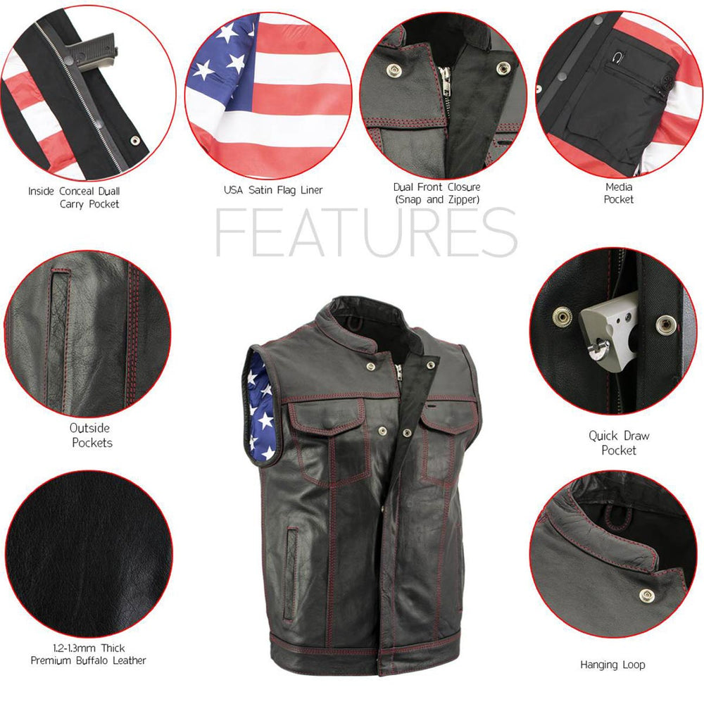 Milwaukee Leather LKM3780 Men's Black Premium Leather Motorcycle Rider Vest w/ Red Stitching and USA Inside Flag Lining