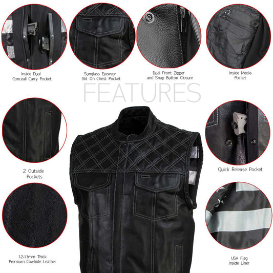 Milwaukee Leather LKM3784 Men's Classic Black Leather Motorcycle Vest Stars and Stripes w/ USA Flag Liner