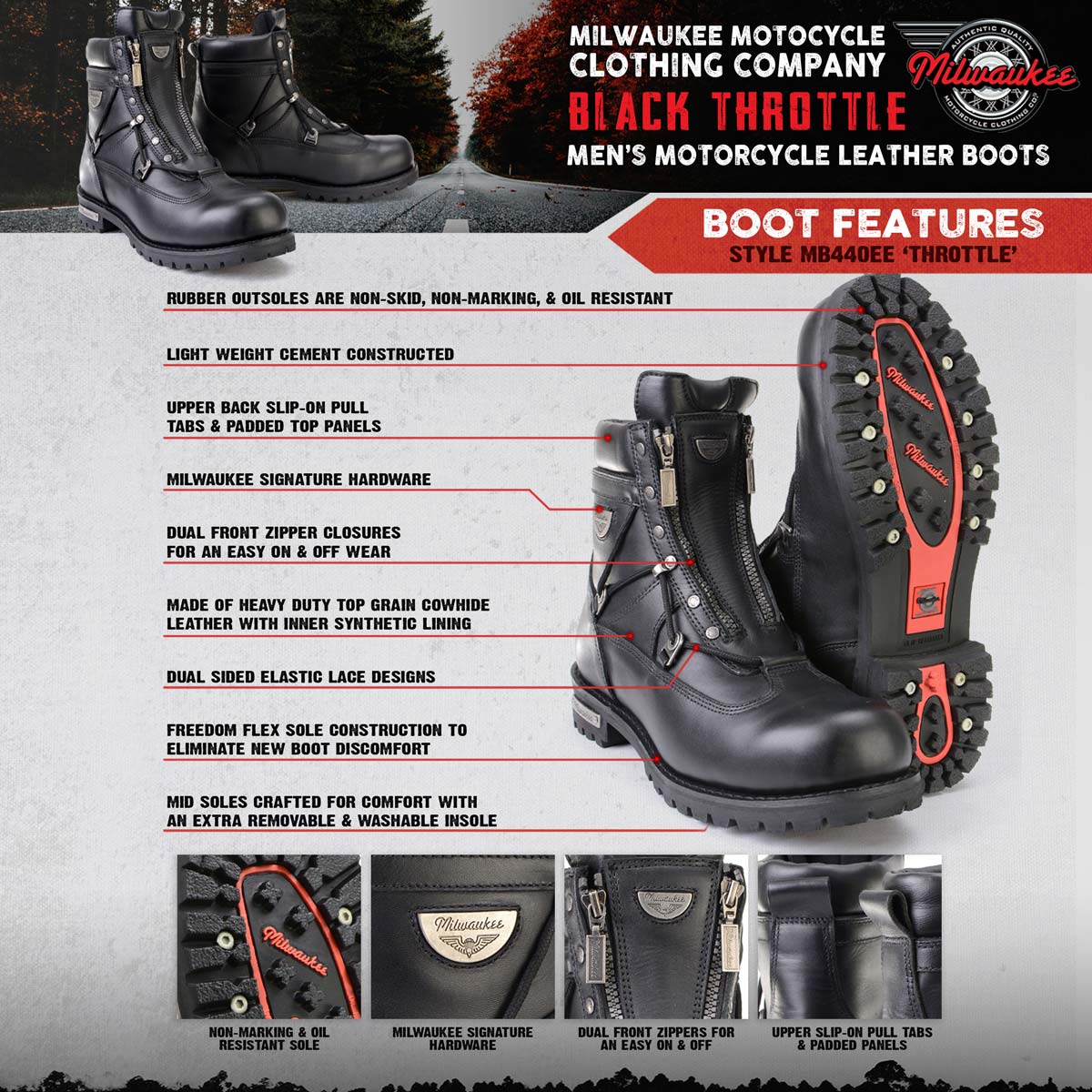 Milwaukee Motorcycle Clothing Co. MB440 Men's Throttle Extra Wide 6" Black Dual-Zip Leather Motorcycle Boots
