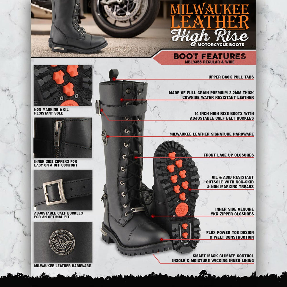 Milwaukee Leather Women's Wide-Width Black 14-inch Lace-Up High-Rise Leather Biker Rider Boots with Calf Buckle MBL9355W