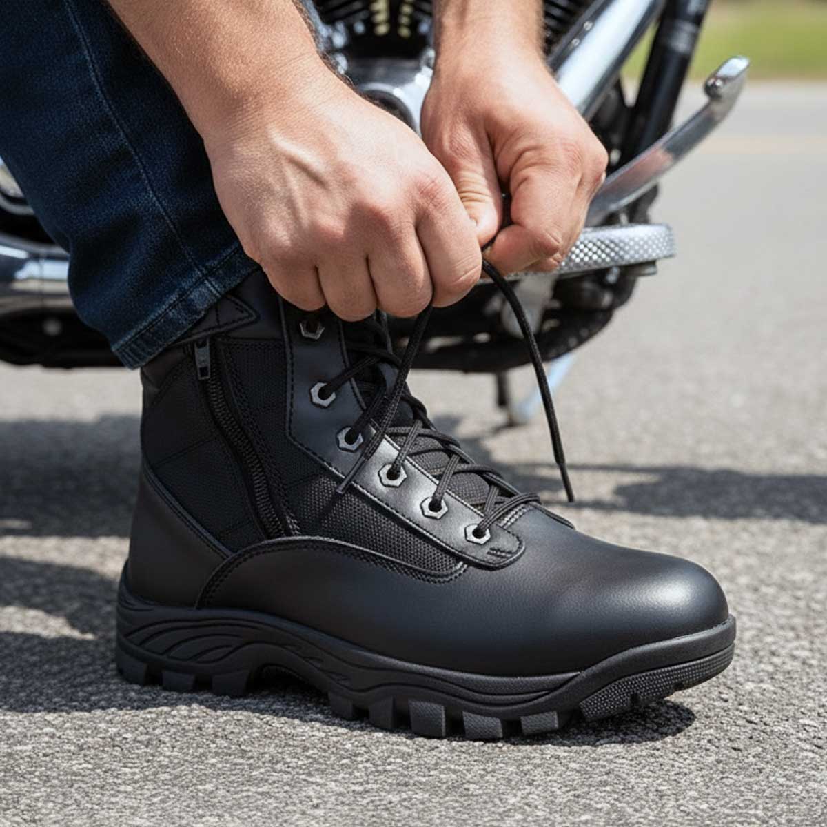 Milwaukee Leather Men's 6-inch Black Leather Swat Style-Tactical Lace-Up Biker Boots w/ Side Zippers MBM9011