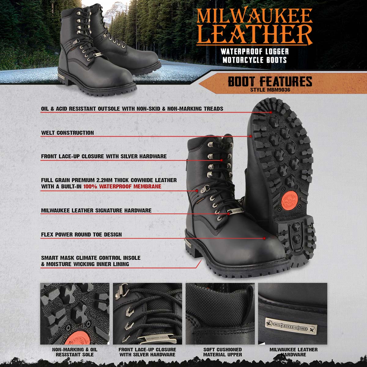 Milwaukee Leather Men's Black Wide Width 7-inch Lace to Toe Full