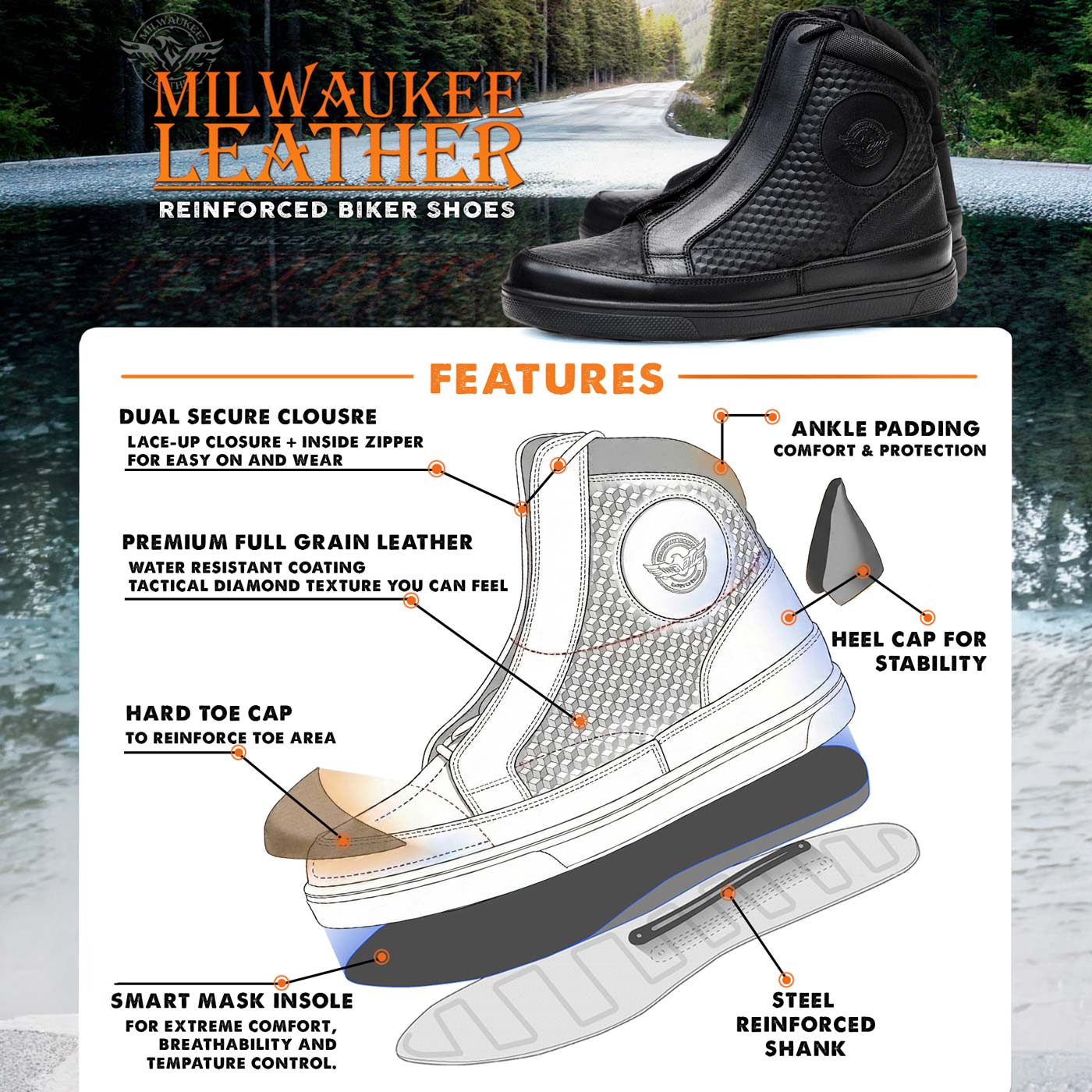 Milwaukee Leather Men's Black Leather Diamond Patterned Reinforced Street Biker Riding Shoes w/ Ankle Support - MBM9104