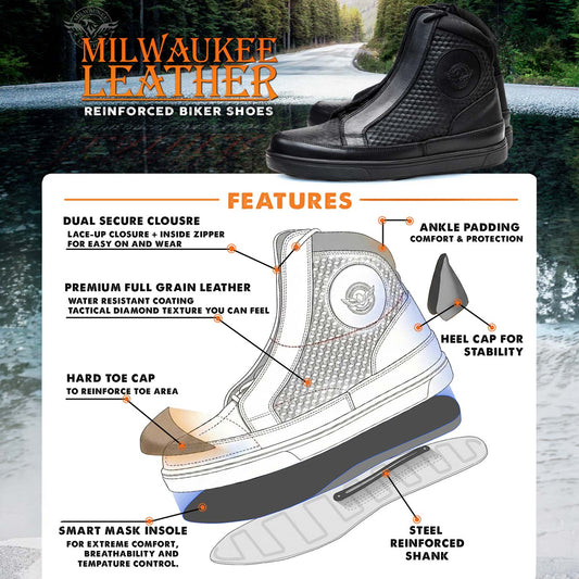 Milwaukee Leather Men's Black Leather Diamond Patterned Reinforced Street Biker Riding Shoes w/ Ankle Support - MBM9104