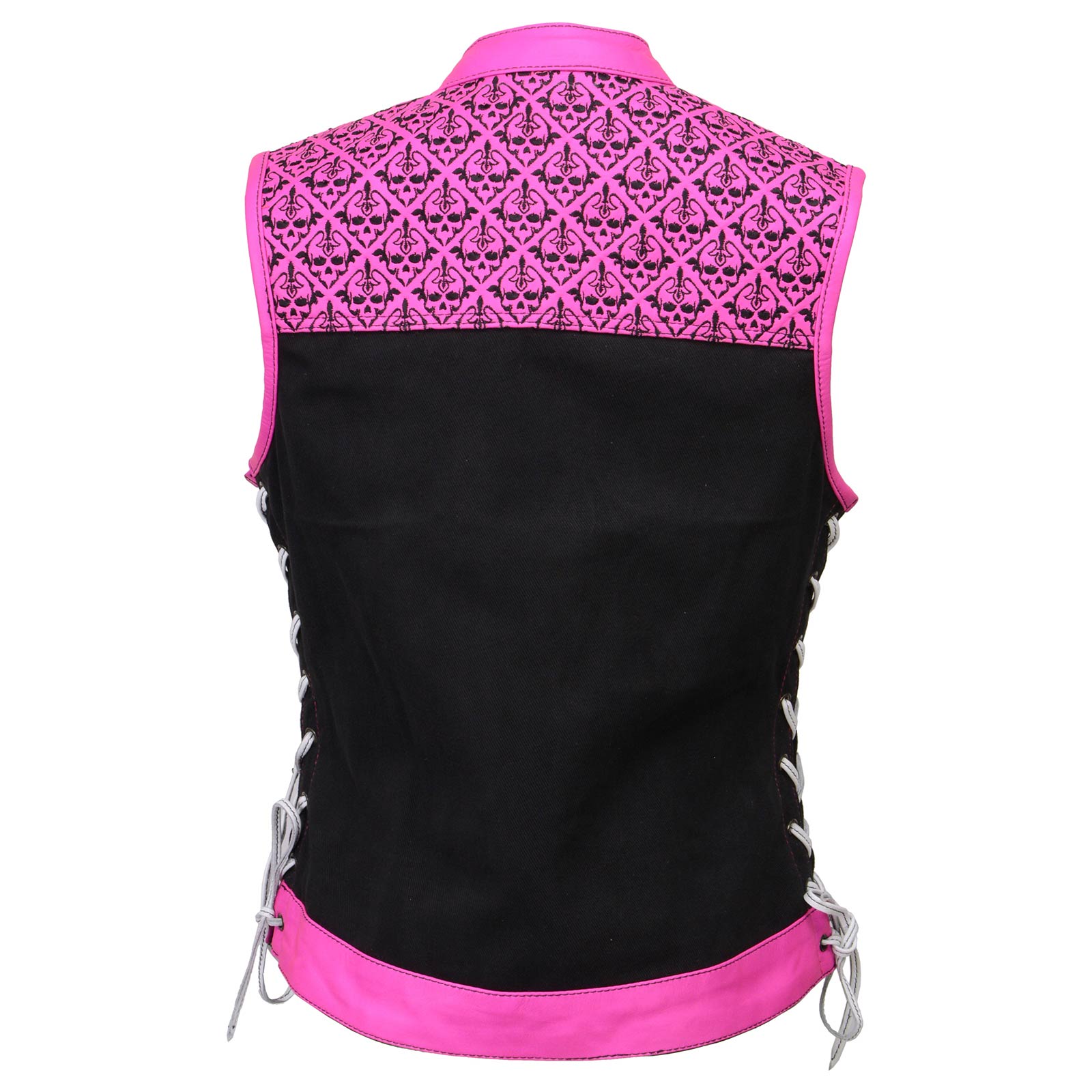 Milwaukee Leather Damen Denim-Vest – Schwarz, Mit 6 Taschen & Seitenschnürung, 100% Baumwolle