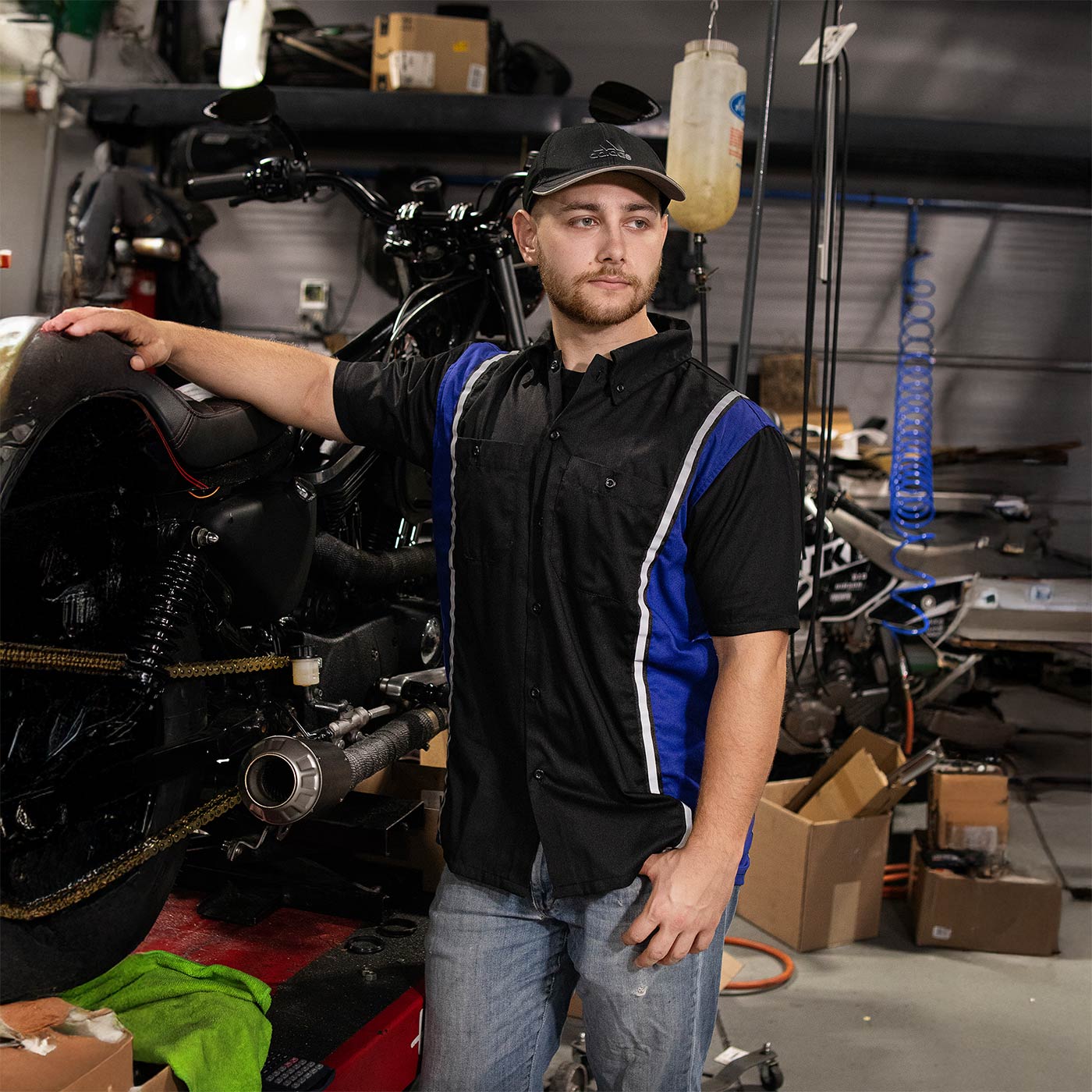 Milwaukee Motorcycle Clothing Co. Men’s Blk/Blue Mechanic Work Shirt – w / Reflective Strip, Rider‑Built MDM11609